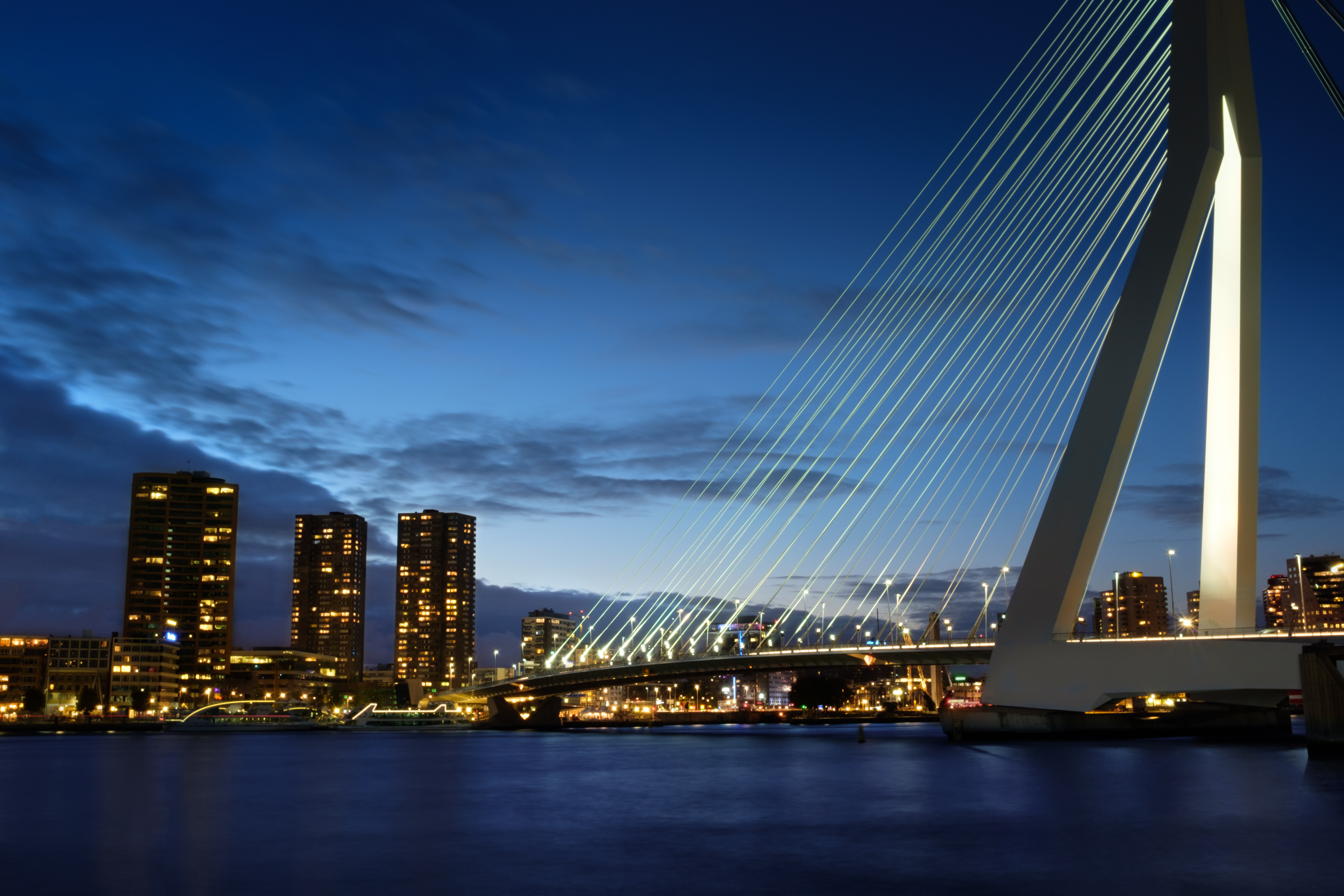 De Erasmusbrug en de skyline van Rotterdam tijdens het blauwe uur